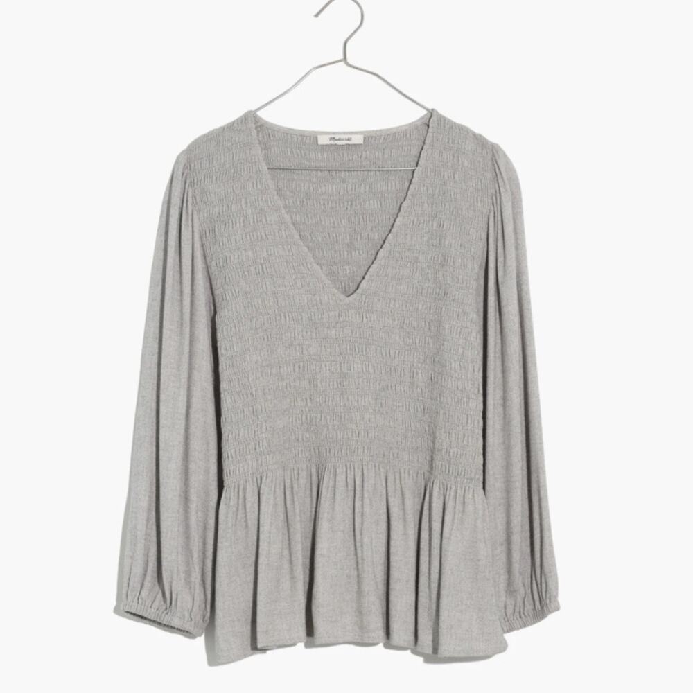 Madewell women's small lucie v neck gray new shirt smocked peasant casual basic